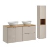 Set mobilier de baie Viva Cashmere, MDF, PAL melaminat, cashmir mat, blat stejar evoke, L.120 cm, lavoare Lola, dulap inalt H.140 cm, SET-VIC B OAK 120CM D/S UN LOLA GW HC