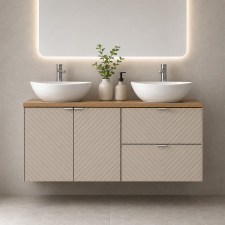 Set mobilier de baie Viva Cashmere, MDF, PAL melaminat, cashmir mat, blat stejar evoke, L.120 cm, lavoare Lola, SET-VIC B OAK 120CM D/S UN LOLA GW