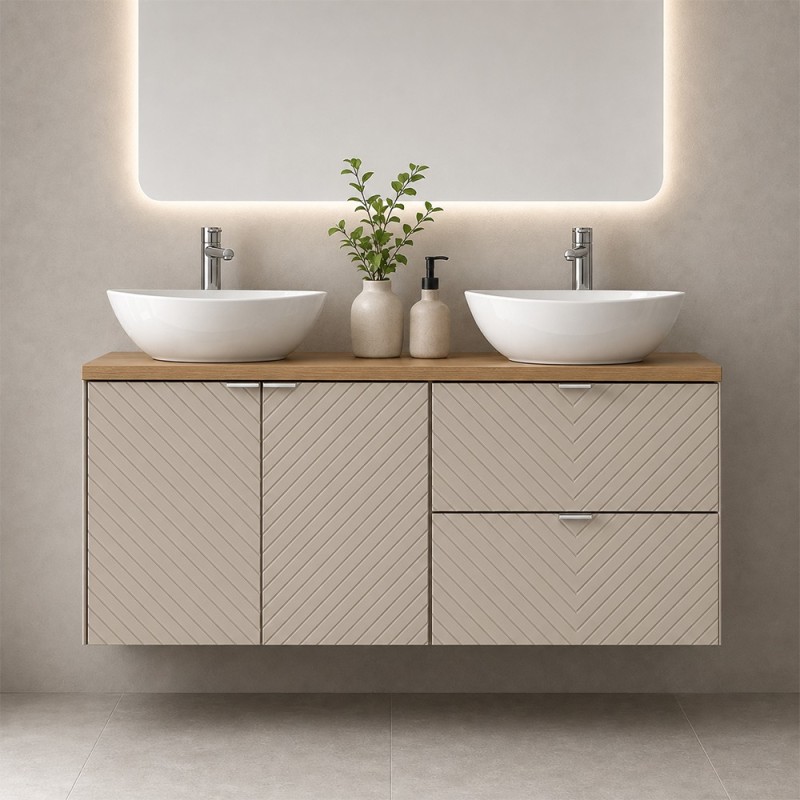 Set mobilier de baie Viva Cashmere, MDF, PAL melaminat, cashmir mat, blat stejar evoke, L.120 cm, lavoare Lola, SET-VIC B OAK 120CM D/S UN LOLA GW