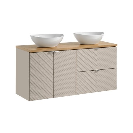 Set mobilier de baie Viva Cashmere, MDF, PAL melaminat, cashmir mat, blat stejar evoke, L.120 cm, lavoare Lola, SET-VIC B OAK 120CM D/S UN LOLA GW