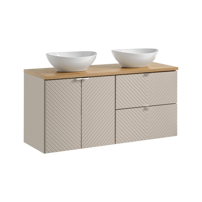 Set mobilier de baie Viva Cashmere, MDF, PAL melaminat, cashmir mat, blat stejar evoke, L.120 cm, lavoare Lola, SET-VIC B OAK 120CM D/S UN LOLA GW