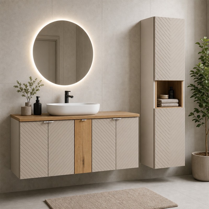 Set mobilier de baie Viva Cashmere, MDF, PAL melaminat, cashmir mat, blat stejar evoke, L.140 cm, dulap inalt H.140 cm, SET-VIC B OAK 140CM D HC
