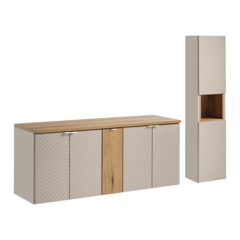 Set mobilier de baie Viva Cashmere, MDF, PAL melaminat, cashmir mat, blat stejar evoke, L.140 cm, dulap inalt H.140 cm, SET-VIC B OAK 140CM D HC