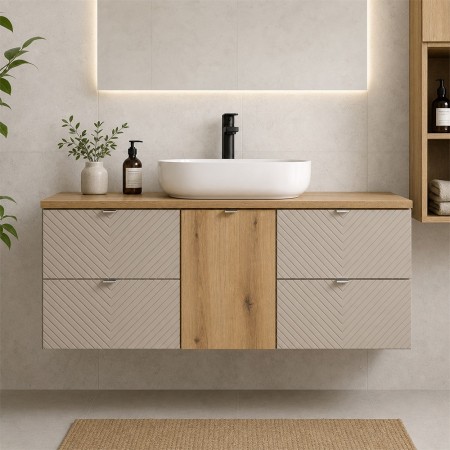 Set mobilier de baie Viva Cashmere, MDF, PAL melaminat, cashmir mat, blat stejar evoke, L.160 cm, SET-VIC B OAK 160CM S