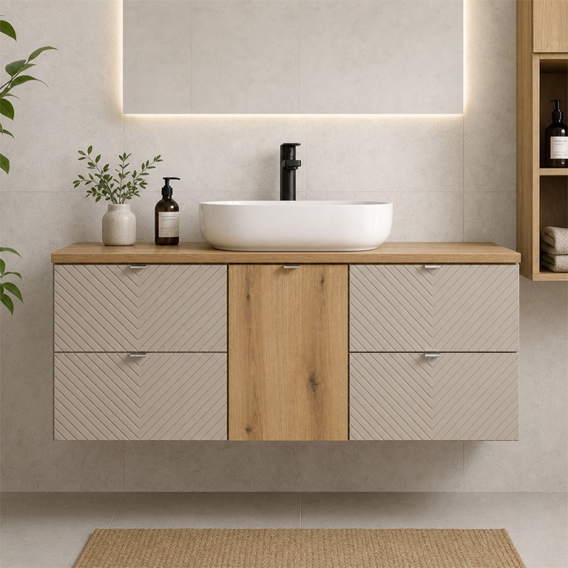 Set mobilier de baie Viva Cashmere, MDF, PAL melaminat, cashmir mat, blat stejar evoke, L.160 cm, SET-VIC B OAK 160CM S