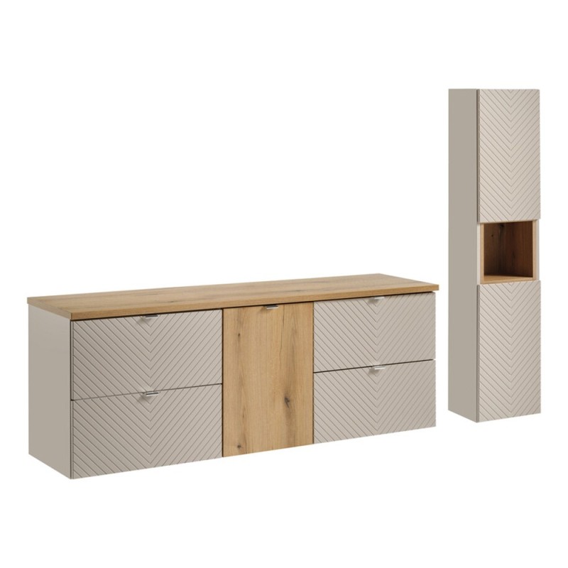 Set mobilier de baie Viva Cashmere, MDF, PAL melaminat, cashmir mat, blat stejar evoke, L.160 cm, dulap inalt H.140 cm, SET-VIC B OAK 160CM S HC