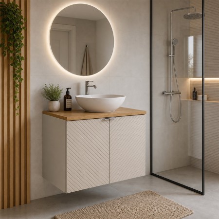 Set mobilier de baie Viva Cashmere, MDF, PAL melaminat, cashmir mat, blat stejar evoke, L.60 cm, lavoar Lola, SET-VIC B OAK 60CM D UN LOLA GW