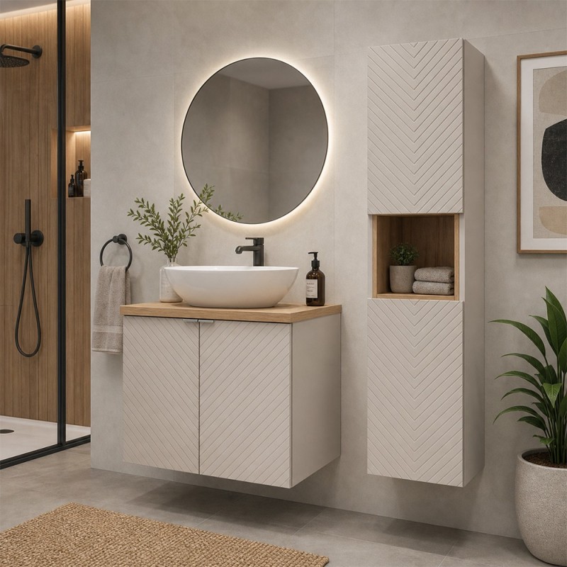 Set mobilier de baie Viva Cashmere, MDF, PAL melaminat, cashmir mat, blat stejar evoke, L.60 cm, lavoar Lola, dulap inalt H.140 cm, SET-VIC B OAK 60CM D UN LOLA GW HC