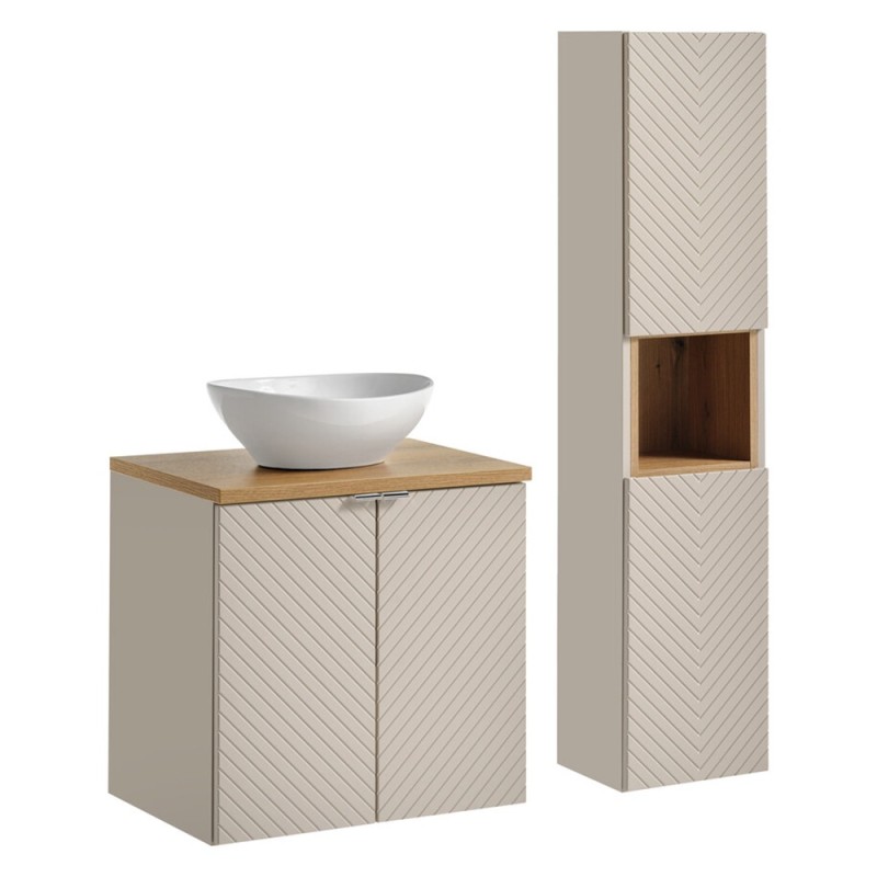 Set mobilier de baie Viva Cashmere, MDF, PAL melaminat, cashmir mat, blat stejar evoke, L.60 cm, lavoar Lola, dulap inalt H.140 cm, SET-VIC B OAK 60CM D UN LOLA GW HC