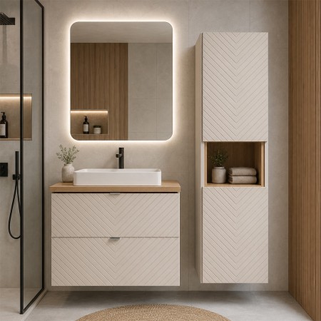 Set mobilier de baie Viva Cashmere, MDF, PAL melaminat, cashmir mat, blat stejar evoke, L.60 cm, dulap inalt H.140 cm, SET-VIC B OAK 60CM S HC