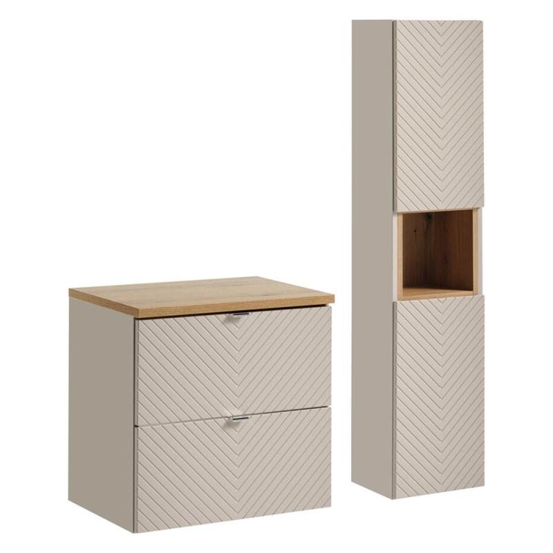 Set mobilier de baie Viva Cashmere, MDF, PAL melaminat, cashmir mat, blat stejar evoke, L.60 cm, dulap inalt H.140 cm, SET-VIC B OAK 60CM S HC