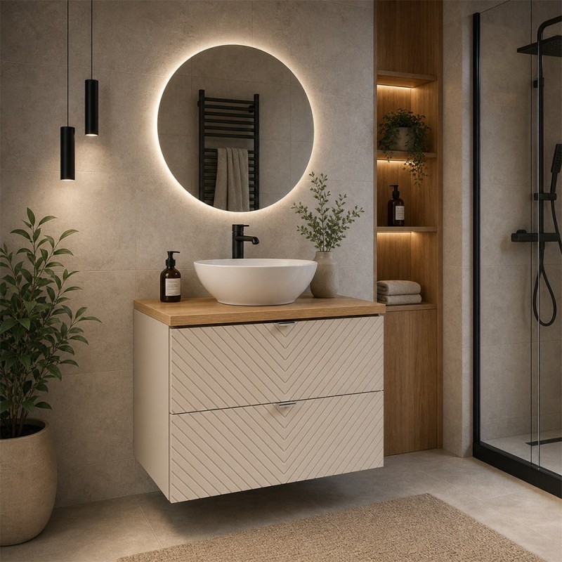 Set mobilier de baie Viva Cashmere, MDF, PAL melaminat, cashmir mat, blat stejar evoke, L.60 cm, lavoar Lola, SET-VIC B OAK 60CM S UN LOLA GW