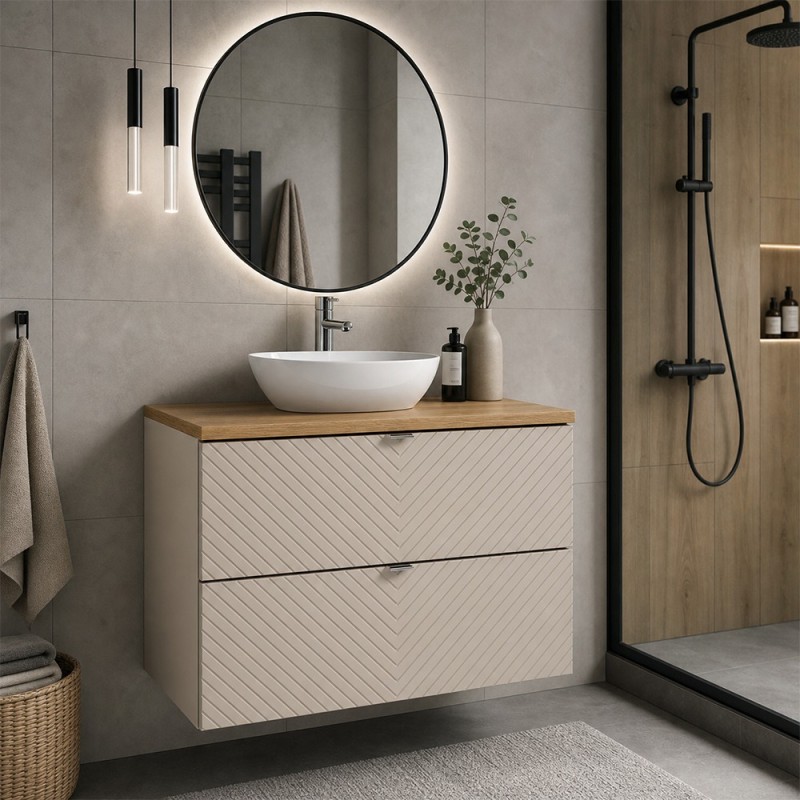 Set mobilier de baie Viva Cashmere, MDF, PAL melaminat, cashmir mat, blat stejar evoke, L.80 cm, lavoar Lola, SET-VIC B OAK 80CM S UN LOLA GW