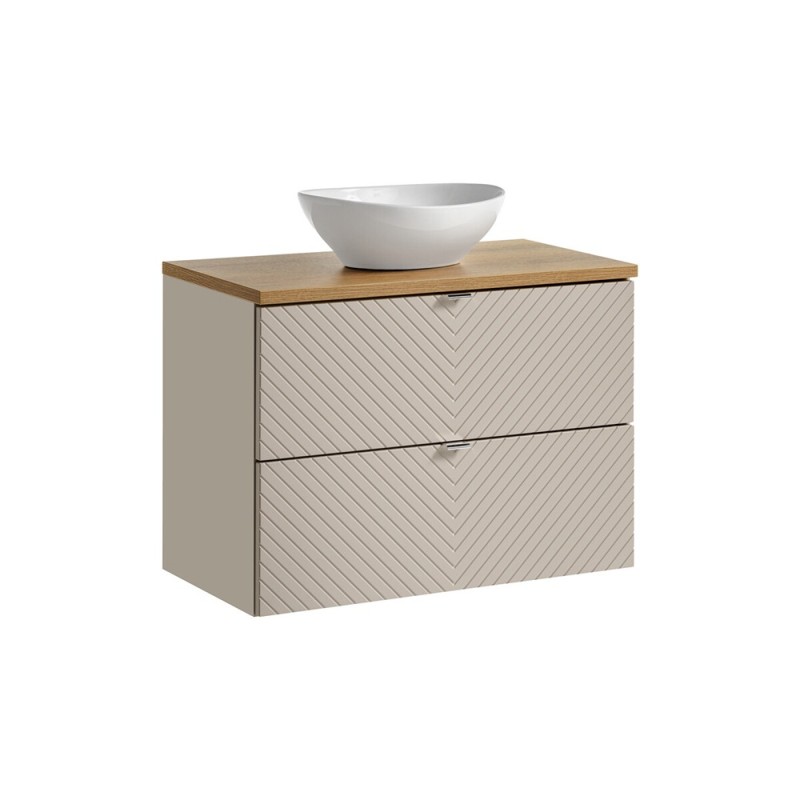 Set mobilier de baie Viva Cashmere, MDF, PAL melaminat, cashmir mat, blat stejar evoke, L.80 cm, lavoar Lola, SET-VIC B OAK 80CM S UN LOLA GW