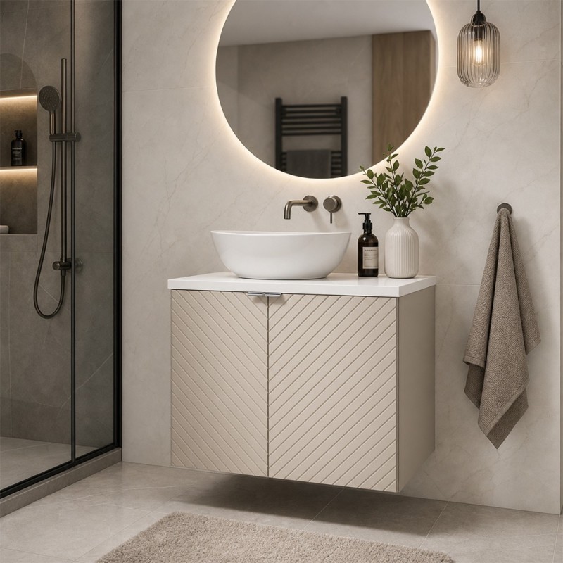 Set mobilier de baie Viva Cashmere, MDF, PAL melaminat, cashmir mat, blat alb mat, L.60 cm, lavoar Lola, SET-VIC B WHITE 60CM D UN LOLA GW