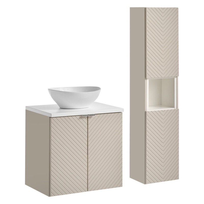 Set mobilier de baie Viva Cashmere, MDF, PAL melaminat, cashmir mat, blat alb mat, L.60 cm, lavoar Lola, dulap inalt H.140 cm, SET-VIC B WHITE 60CM D UN LOLA GW HC