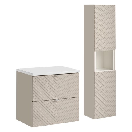 Set mobilier de baie Viva Cashmere, MDF, PAL melaminat, cashmir mat, blat alb mat, L.60 cm, dulap inalt H.140 cm, SET-VIC B WHITE 60CM S HC