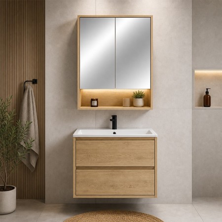 Set mobilier de baie Viola Cremona, PAL melaminat, stejar cremona, lavoar Lava, L.60 cm, dulap cu oglinda suspendat, SET-VOC 60CM LAVA MC