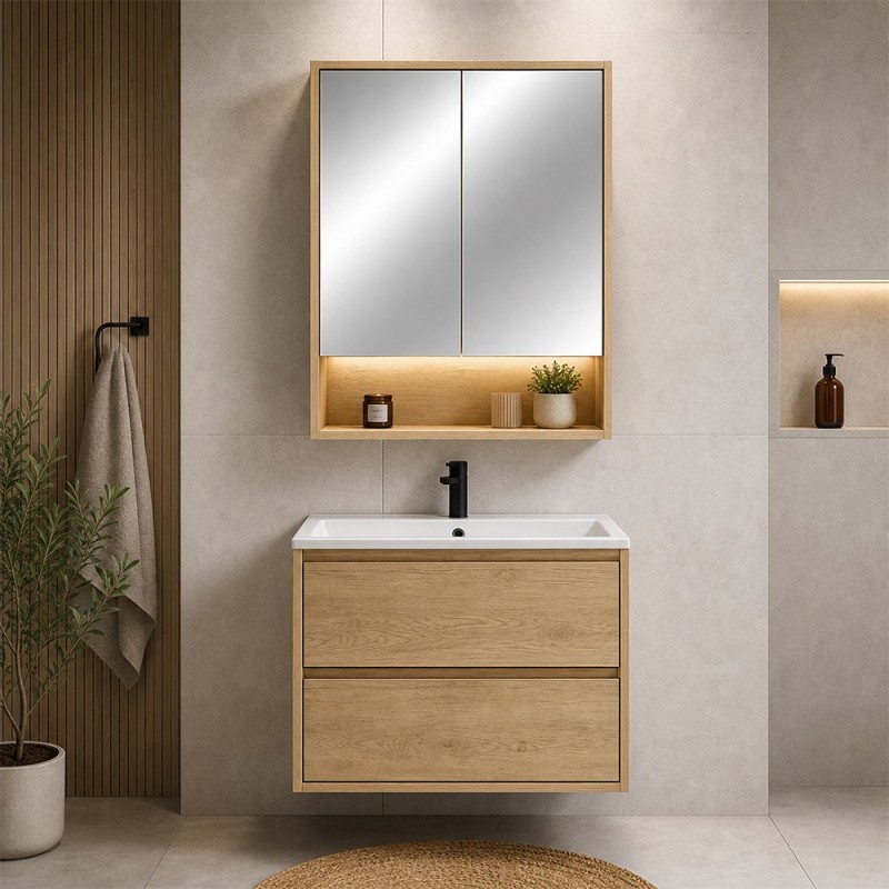 Set mobilier de baie Viola Cremona, PAL melaminat, stejar cremona, lavoar Lava, L.60 cm, dulap cu oglinda suspendat, SET-VOC 60CM LAVA MC