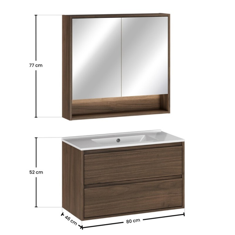 Set mobilier de baie Viola Villa, PAL melaminat, maro nuc, lavoar Lava, L.80 cm, dulap suspendat cu oglinda, SET-VOV 80CM LAVA MC