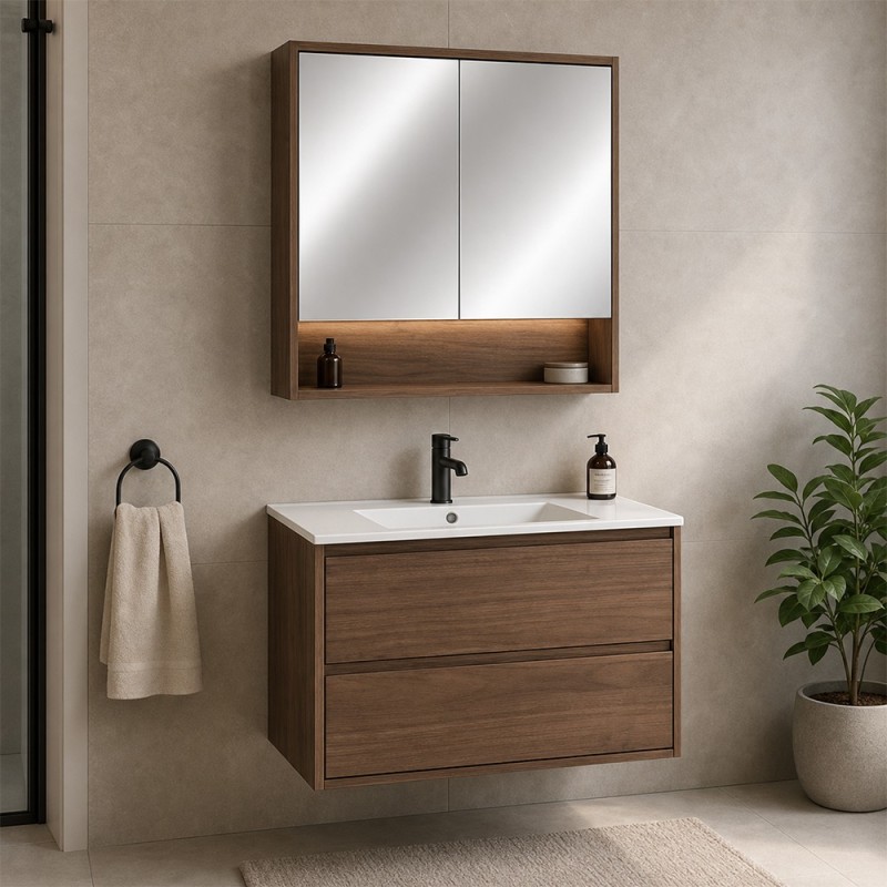 Set mobilier de baie Viola Villa, PAL melaminat, maro nuc, lavoar Lava, L.80 cm, dulap suspendat cu oglinda, SET-VOV 80CM LAVA MC