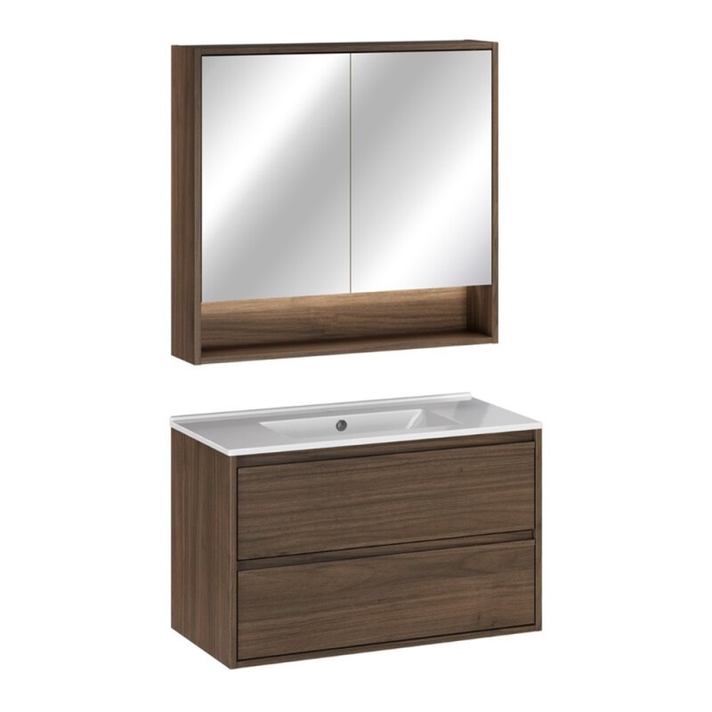 Set mobilier de baie Viola Villa, PAL melaminat, maro nuc, lavoar Lava, L.80 cm, dulap suspendat cu oglinda, SET-VOV 80CM LAVA MC