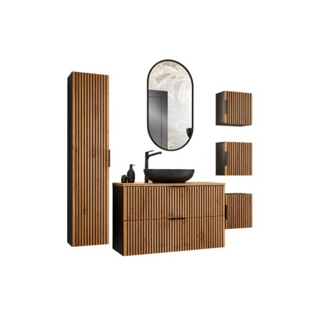 Set mobilier de baie Xilo, MDF, PAL melaminat, gri antracit/stejar wotan, blat stejar wotan, L.100 cm, lavoar Mona, oglinda LED, dulap inalt H.140 cm, SET-XIL B 100CM UN. MONA MB A3