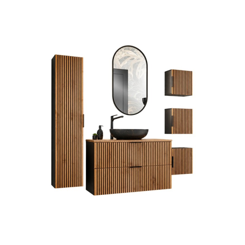 Set mobilier de baie Xilo, MDF, PAL melaminat, gri antracit/stejar wotan, blat stejar wotan, L.100 cm, lavoar Mona, oglinda LED, dulap inalt H.140 cm, SET-XIL B 100CM UN. MONA MB A3