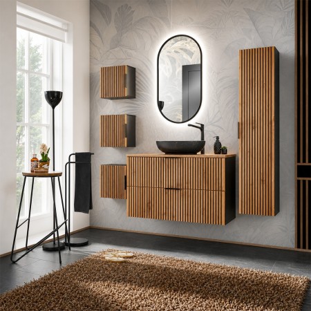 Set mobilier de baie Xilo, MDF, PAL melaminat, gri antracit/stejar wotan, blat stejar wotan, L.100 cm, lavoar Mona, oglinda LED, dulap inalt H.140 cm, SET-XIL B 100CM UN. MONA MB A3