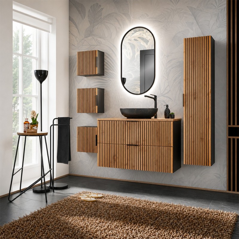 Set mobilier de baie Xilo, MDF, PAL melaminat, gri antracit/stejar wotan, blat stejar wotan, L.100 cm, lavoar Mona, oglinda LED, dulap inalt H.140 cm, SET-XIL B 100CM UN. MONA MB A3