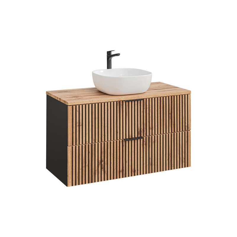 Set mobilier de baie Xilo, MDF, PAL melaminat, gri antracit/stejar wotan, blat stejar wotan, L.100 cm, lavoar Smile, SET-XIL B 100CM UN.6252