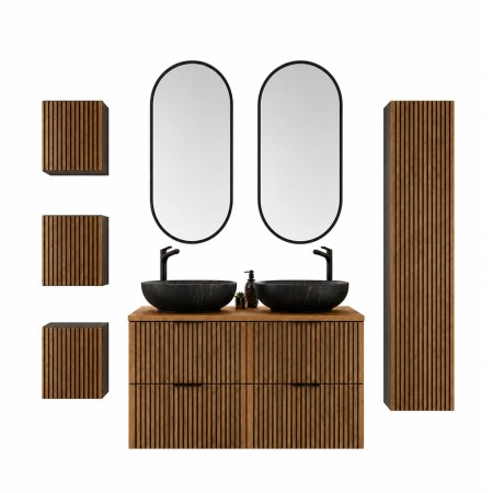 Set mobilier de baie Xilo, MDF, PAL melaminat, gri antracit/stejar wotan, blat stejar wotan, L.120 cm, lavoare Mona, oglinzi LED, dulap inalt H.140 cm, SET-XIL B 120CM UN. MONA MB A6
