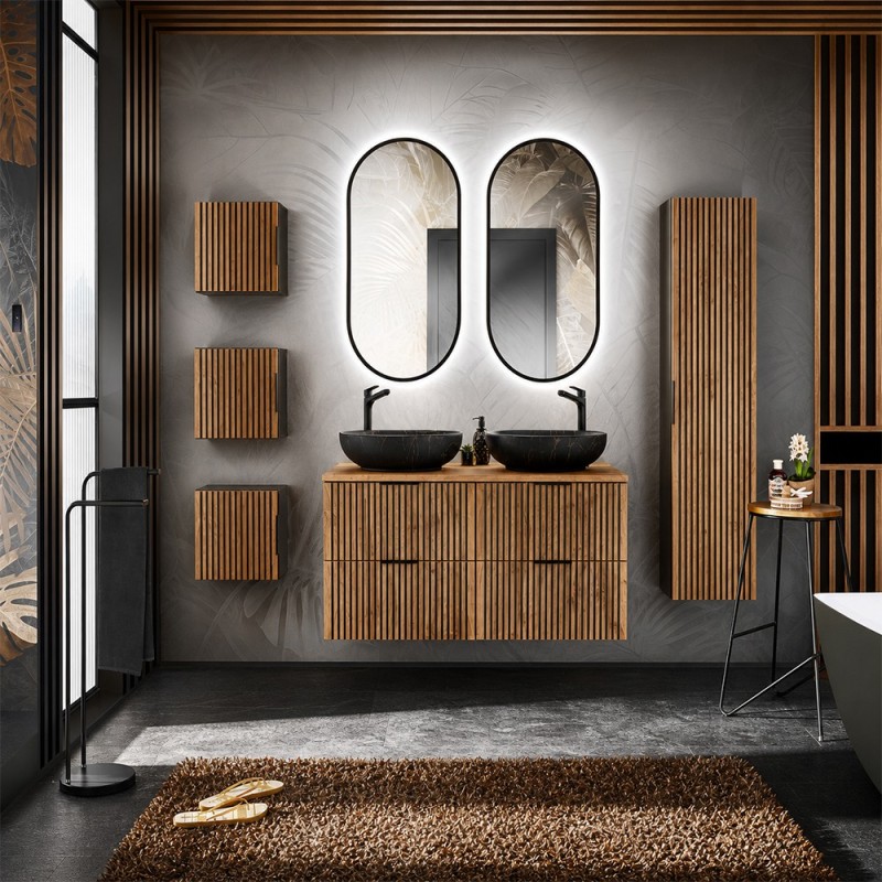 Set mobilier de baie Xilo, MDF, PAL melaminat, gri antracit/stejar wotan, blat stejar wotan, L.120 cm, lavoare Mona, oglinzi LED, dulap inalt H.140 cm, SET-XIL B 120CM UN. MONA MB A6