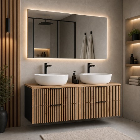 Set mobilier de baie Xilo, MDF, PAL melaminat, gri antracit/stejar wotan, blat stejar wotan, L.120 cm, lavoare Smile, SET-XIL B 120CM UN.6252