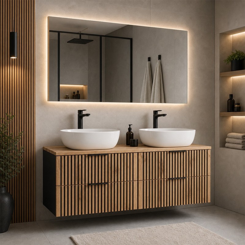 Set mobilier de baie Xilo, MDF, PAL melaminat, gri antracit/stejar wotan, blat stejar wotan, L.120 cm, lavoare Smile, SET-XIL B 120CM UN.6252