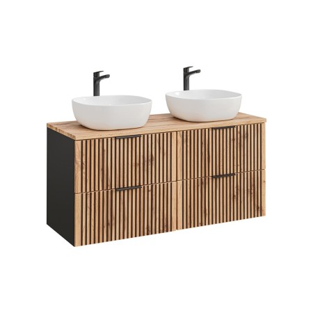 Set mobilier de baie Xilo, MDF, PAL melaminat, gri antracit/stejar wotan, blat stejar wotan, L.120 cm, lavoare Smile, SET-XIL B 120CM UN.6252