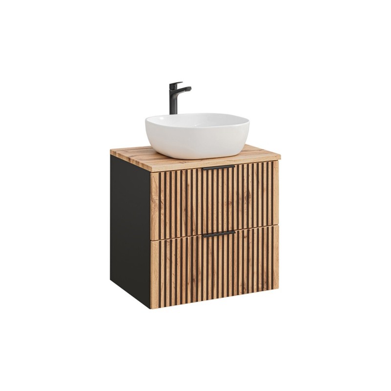 Set mobilier de baie Xilo, MDF, PAL melaminat, gri antracit/stejar wotan, blat stejar wotan, L.60 cm, lavoar Smile, SET-XIL B 60CM UN.6252