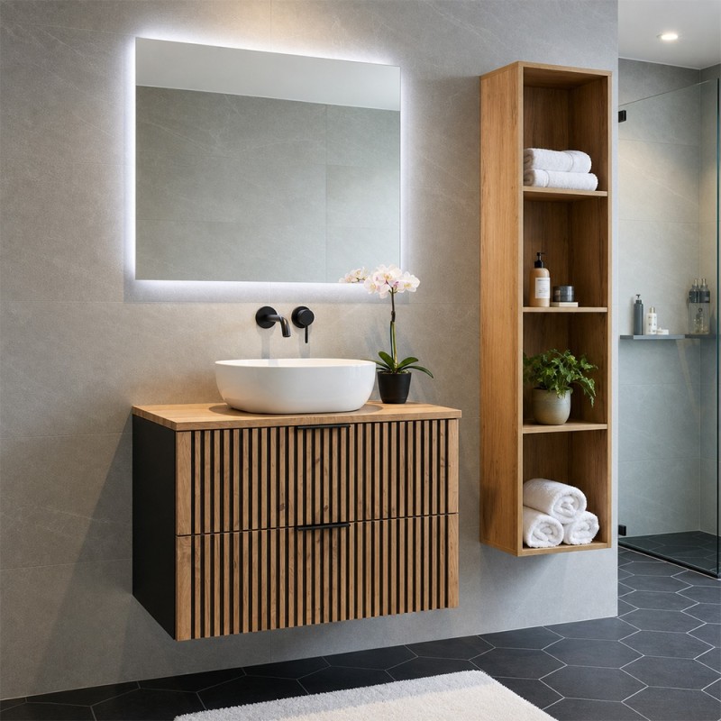 Set mobilier de baie Xilo, MDF, PAL melaminat, gri antracit/stejar wotan, blat stejar wotan, L.80 cm, lavoar Smile, SET-XIL B 80CM UN.6252