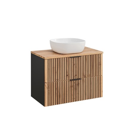 Set mobilier de baie Xilo, MDF, PAL melaminat, gri antracit/stejar wotan, blat stejar wotan, L.80 cm, lavoar Smile, SET-XIL B 80CM UN.6252