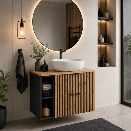Set mobilier de baie Xilo, MDF, PAL melaminat, gri antracit/stejar wotan, blat stejar wotan, L.80 cm, lavoar Mona, SET-XIL B 80CM UN.6252 81-01 BLACK