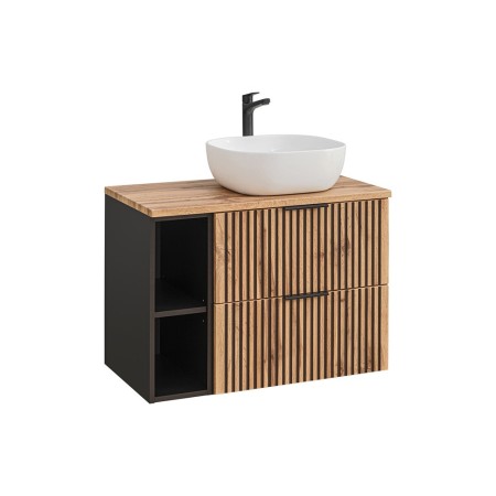 Set mobilier de baie Xilo, MDF, PAL melaminat, gri antracit/stejar wotan, blat stejar wotan, L.80 cm, lavoar Mona, SET-XIL B 80CM UN.6252 81-01 BLACK