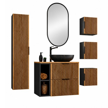 Set mobilier de baie Xilo, MDF, PAL melaminat, gri antracit/stejar wotan, blat stejar wotan, L.80 cm, lavoar Mona, oglinda LED, dulap inalt H.140 cm, SET-XIL B 80CM UN.MONA MB A2
