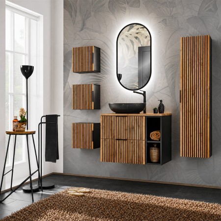 Set mobilier de baie Xilo, MDF, PAL melaminat, gri antracit/stejar wotan, blat stejar wotan, L.80 cm, lavoar Mona, oglinda LED, dulap inalt H.140 cm, SET-XIL B 80CM UN.MONA MB A2