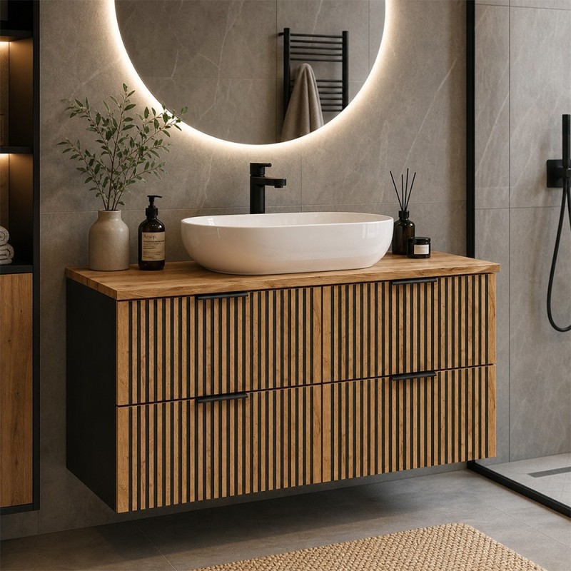 Set mobilier de baie Xilo, MDF, PAL melaminat, gri antracit/stejar wotan, blat stejar wotan, L.120 cm, SET-XIL B NAT WOTAN 120CM