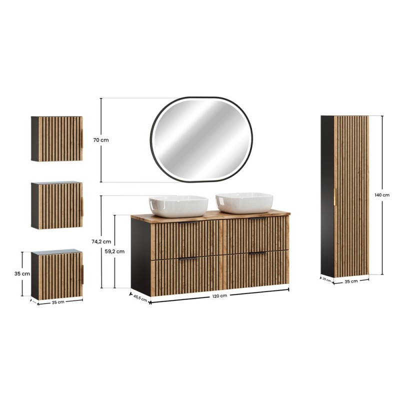 Set mobilier de baie Xilo, MDF, PAL melaminat, gri antracit/stejar wotan, blat stejar wotan, L.120 cm, lavoare Smile, oglinda LED, dulap inalt H.140 cm, SET-XIL B NAT WOTAN 120CM UN SMILE HC