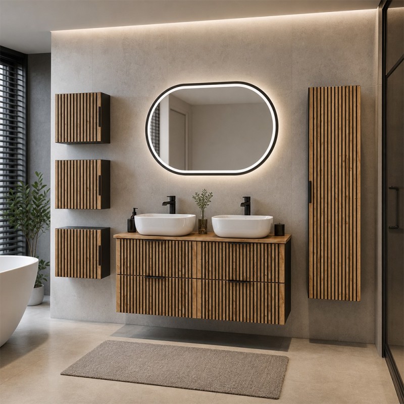 Set mobilier de baie Xilo, MDF, PAL melaminat, gri antracit/stejar wotan, blat stejar wotan, L.120 cm, lavoare Smile, oglinda LED, dulap inalt H.140 cm, SET-XIL B NAT WOTAN 120CM UN SMILE HC