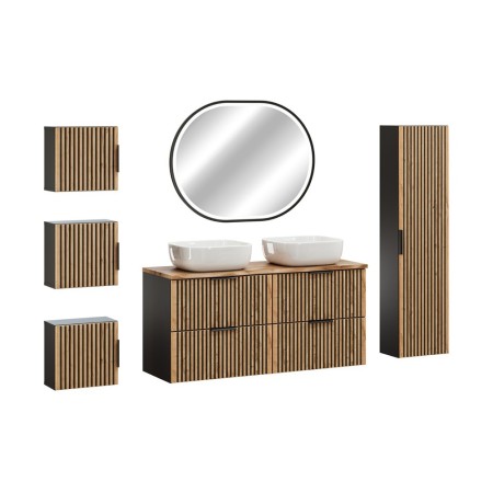 Set mobilier de baie Xilo, MDF, PAL melaminat, gri antracit/stejar wotan, blat stejar wotan, L.120 cm, lavoare Smile, oglinda LED, dulap inalt H.140 cm, SET-XIL B NAT WOTAN 120CM UN SMILE HC