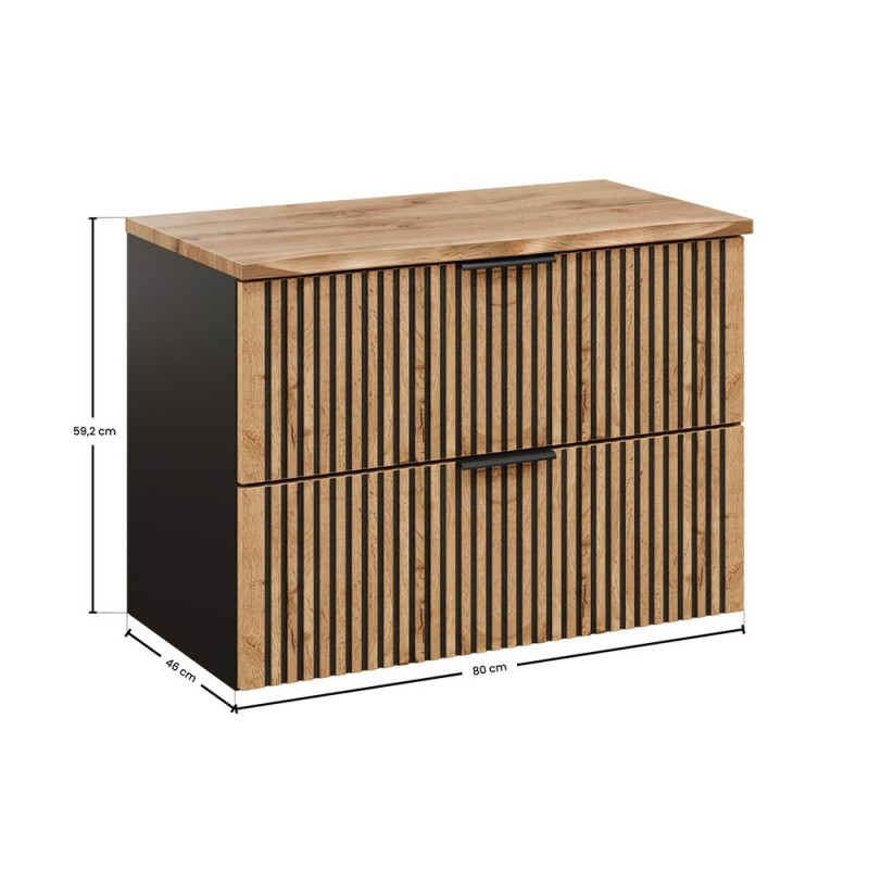Set mobilier de baie Xilo, MDF, PAL melaminat, gri antracit/stejar wotan, blat stejar wotan, L.80 cm, SET-XIL B NAT WOTAN 80CM