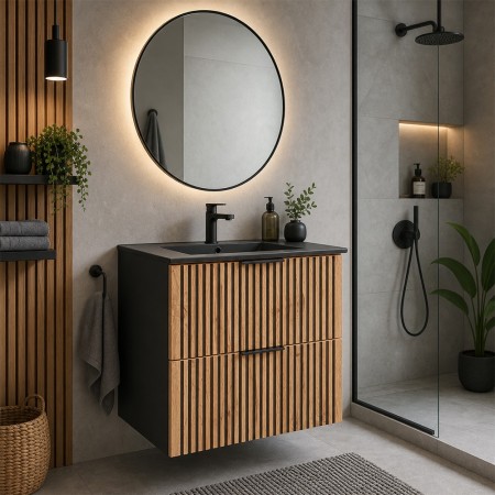 Set mobilier de baie Xilo, MDF, PAL melaminat, gri antracit/stejar wotan, lavoar Lava, L.60 cm, SET-XIL LAVA BLACK 60CM