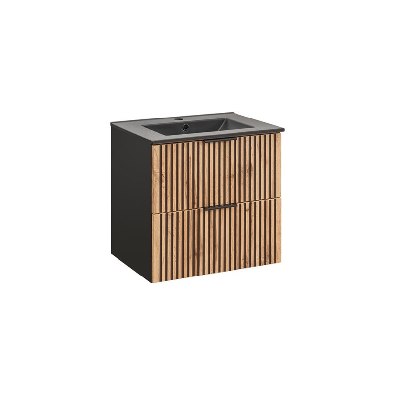 Set mobilier de baie Xilo, MDF, PAL melaminat, gri antracit/stejar wotan, lavoar Lava, L.60 cm, SET-XIL LAVA BLACK 60CM
